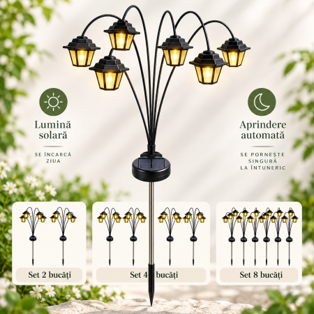 CASA SI GRADINA - Set lămpi solare de grădină cu 6 felinare LED fiecare, lumină caldă și aprindere automată - 2, 4 sau 8 bucăți