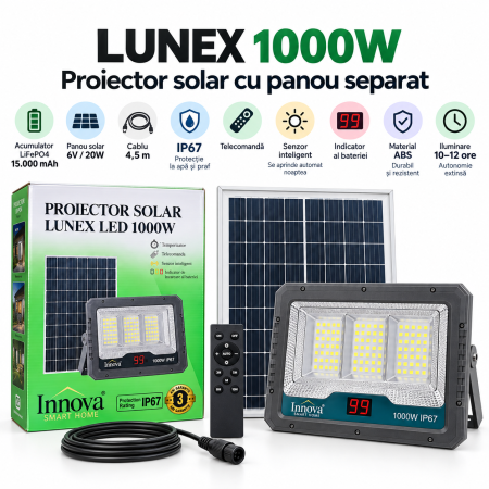 LAMPI SOLARE - Proiector solar LED Innova Lunex 1000W, panou separat, acumulator 15.000 mAh, telecomandă, senzor de lumină, IP67, cablu 4,5 m