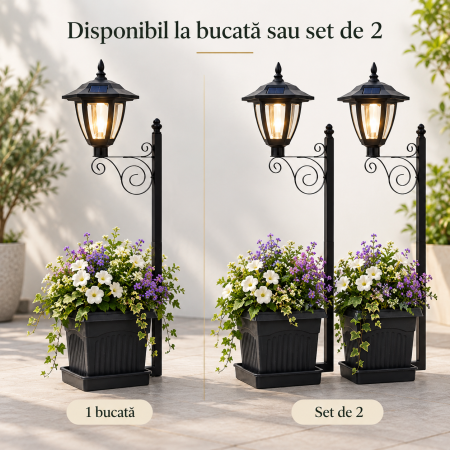LAMPI SOLARE - Lampă solară decorativă cu ghiveci pentru flori, tip felinar, LED alb cald, 67,5 cm - 1 bucată sau set de 2.