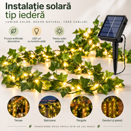 CASA SI GRADINA - Instalație solară LED tip iederă, cu frunze artificiale și lumină caldă - 12 m cu 100 LED-uri