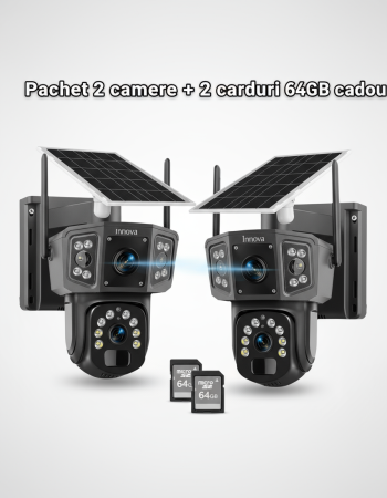 Camere Supraveghere - Set 2 x Camera Supraveghere Solara Dubla INNOVA WIFI , 6MP , Full HD, PTZ 360°, baterie 12000mAh, 2 carduri 64gb cadou , 3 ani garantie