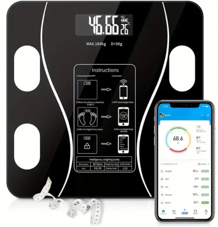 Produse Pentru Casa - Cantar Inteligent cu aplicatie Smart, corporal, ecran digital Iluminat, termometru, negru
