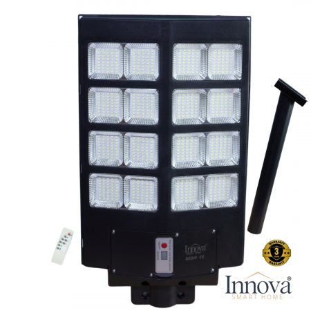 LAMPI SOLARE - Lampa Solara Stradala Helio PRO Innova 800W – LED Puternic, Senzor Lumina/Miscare si Telecomanda, IP66 & Suport Prindere+Cadou Surpriza