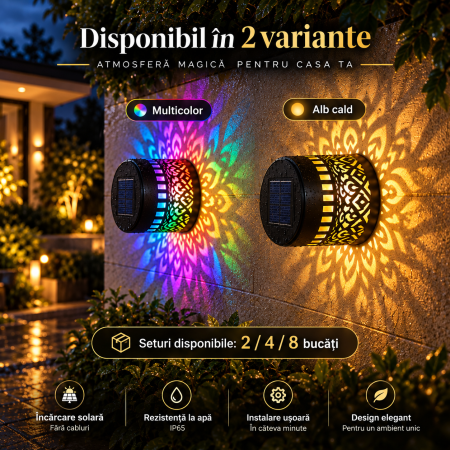 CASA SI GRADINA - Lămpi solare decorative de perete cu proiecție Mandala, alb cald sau multicolor, IP65 - Set 2, 4 sau 8 bucăți