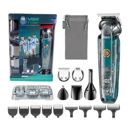 Casa si gradina - Mașină de Tuns Electrică Transparentă, 6 Capete Interschimbabile, Rezistentă la Apă IPX6, Lame Inox, Afisaj LED, Acumulator 1200 mAh, Încărcare USB-C