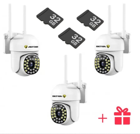 Camere Supraveghere - Pachet 3 x Cameră de Supraveghere Jortan WiFi HD, 3 carduri 32 GB incluse + cadou SURPRIZA cu Viziune Infraroșu și Protecție Avansată IP66