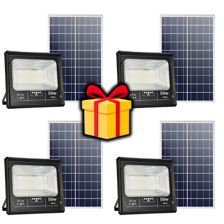 Pachete Promotionale - Pachet 4 x Proiector Solar Jortan 50W , IP66 , Indicator Baterie , Telecomanda , 6500k + Cadou Surpriza