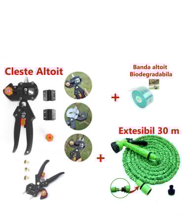 Casa Si Gradina - Pachet ! Cleste Profesional de Altoit cu 3 Cutite U V Omega + Furtun Extensibil 30 M + Banda Pentru Altoit Biodegradabila +