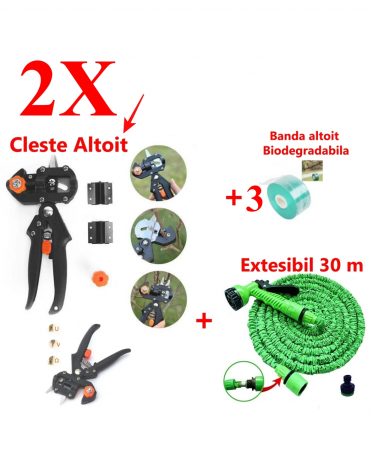 Casa Si Gradina - !! 2 X Cleste Profesional de Altoit cu 3 Cutite U V Omega + Furtun Extensibil 30 M + 3 x Banda Pentru Altoit Biodegradabila