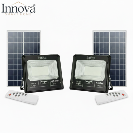 Iluminat Solar - Set 2 x Proiector LED INNOVA 400W Cu Panou Solar si telecomanda, IP66 + Cadou Surpriza