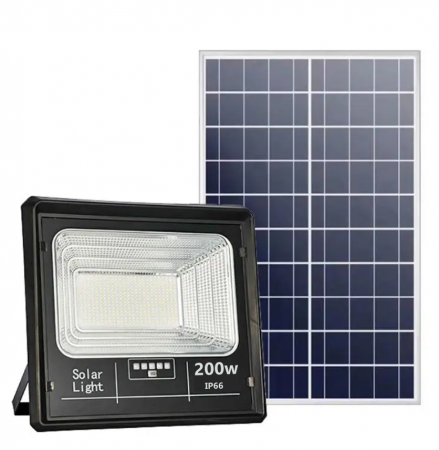 Proiector LED Jortan cu panou solar 200w si telecomanda , Indicator baterie , IP66 , 6500 k
