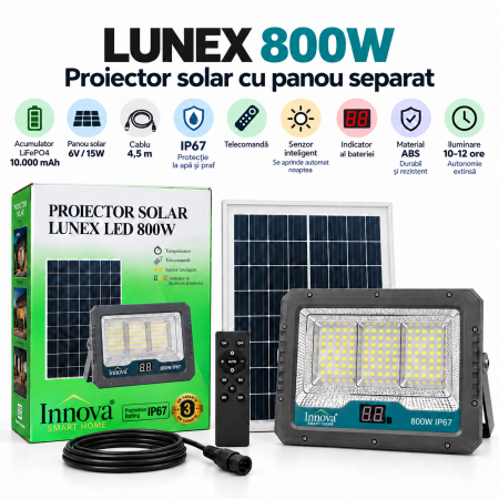 LAMPI SOLARE - Proiector solar LED Innova Lunex 800W, acumulator 10.000 mAh, panou separat, telecomandă, senzor de lumină, IP67, cablu 4,5 m