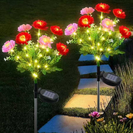 Decoratiuni - Set 2 Lampi Solare Decorative Bujori Roz M374-2, 60cm cu panou solar integrat – iluminat ambiental gradina