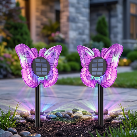 Lampi Solare Decorative - Set 2 Lămpi Solare LED Fluture RGB, Montaj pe Perete sau în Sol, IP65, 5W, 37 cm, 4 Culori