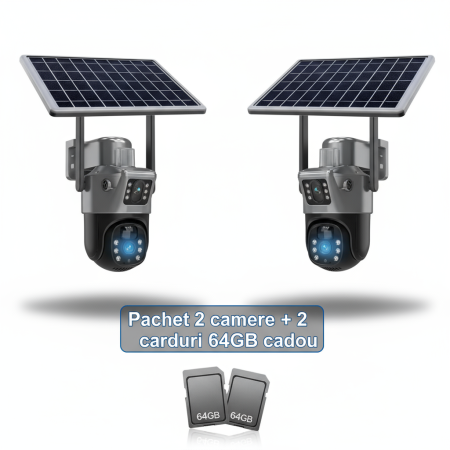 Camere Supraveghere - SET 2 x Cameră de Supraveghere Duală cu Panou Solar, 6 mp, 4G SIM, Senzor de Mișcare, Lentile Duble + 2 card 64GB
