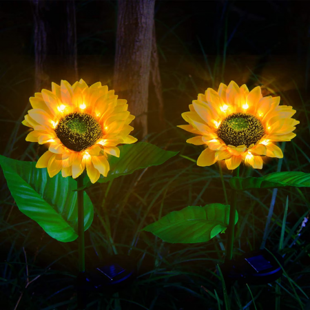 Iluminat Solar - Set 2 x Lămpi Solare LED tip Floarea Soarelui pentru Grădină, 10 Micro-LED-uri, Înălțime 70 cm, IP65, Iluminare Automată cu Senzor