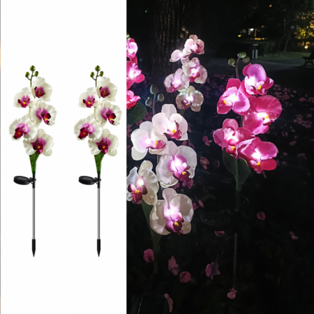 Lampi Solare Decorative - Set 2 x Lampi Solare Orhidee cu LED – Decor Romantic pentru Gradina, Tarus si Panou Solar
