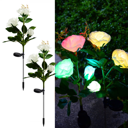 Decoratiuni - Set 2 x Lampi Solare Trandafir cu 3 Flori LED – Decor Elegant de Gradina, Tarus si Panou Solar