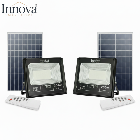 LAMPI SOLARE - Set 2 x Proiector LED INNOVA 200W Cu Panou Solar si telecomanda, IP66 + Cadou Surpriza
