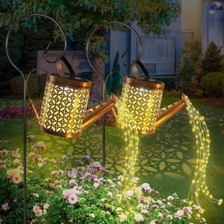 LAMPI SOLARE - Set 2x Lămpi Solare LED Tip Stropitoare cu Stele, Fier Forjat, Design Retro, Proiecție Lumină Caldă, IP65, 80 cm