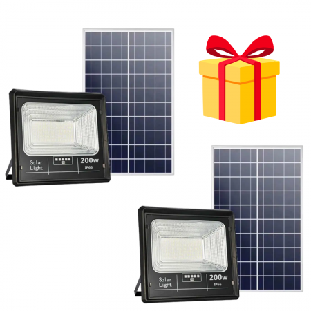 LAMPI SOLARE - Set 2x Proiector LED Jortan cu panou solar 200w si telecomanda, IP66 + Cadou Surpriza