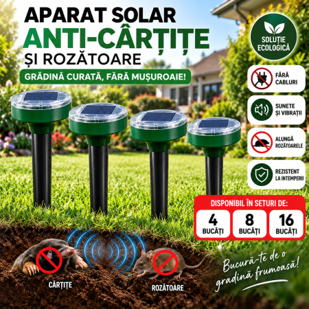Pachete Promotionale - Set aparate solare anti-cârtițe și rozătoare, cu ultra sunete și vibrații - 4, 8 sau 16 bucăți