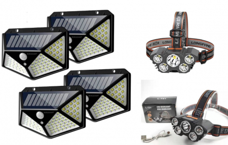 Pachete Promotionale - Set 4 x Lampa 100 LED cu panou solar, senzor de miscare +CADOU Lanterna profesionala de cap reglabila cu 5 LED