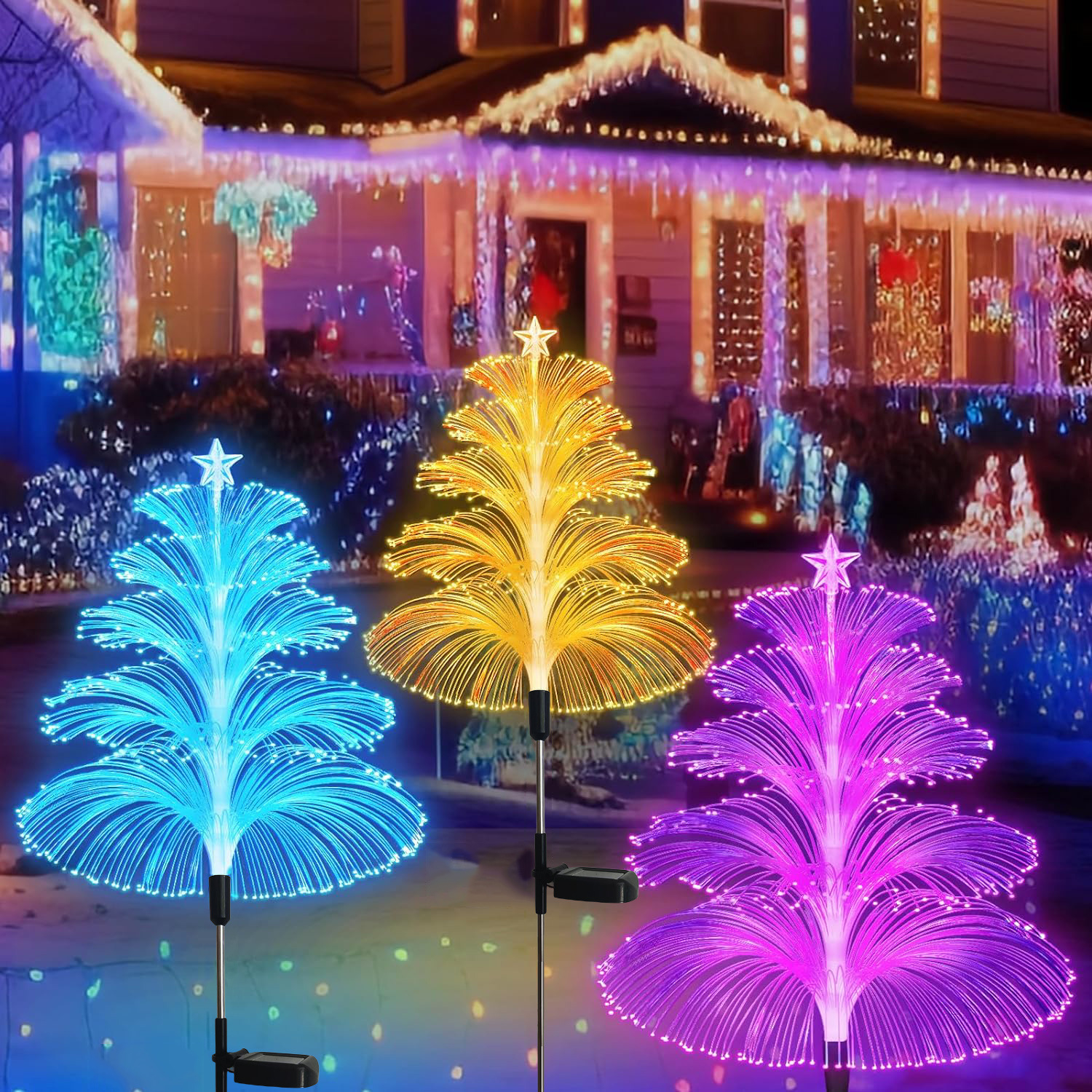Set 4 Lampi Solare Fountain cu Fibra Optica – Iluminare Multicolora pentru Decor de Craciun Exterior [1]