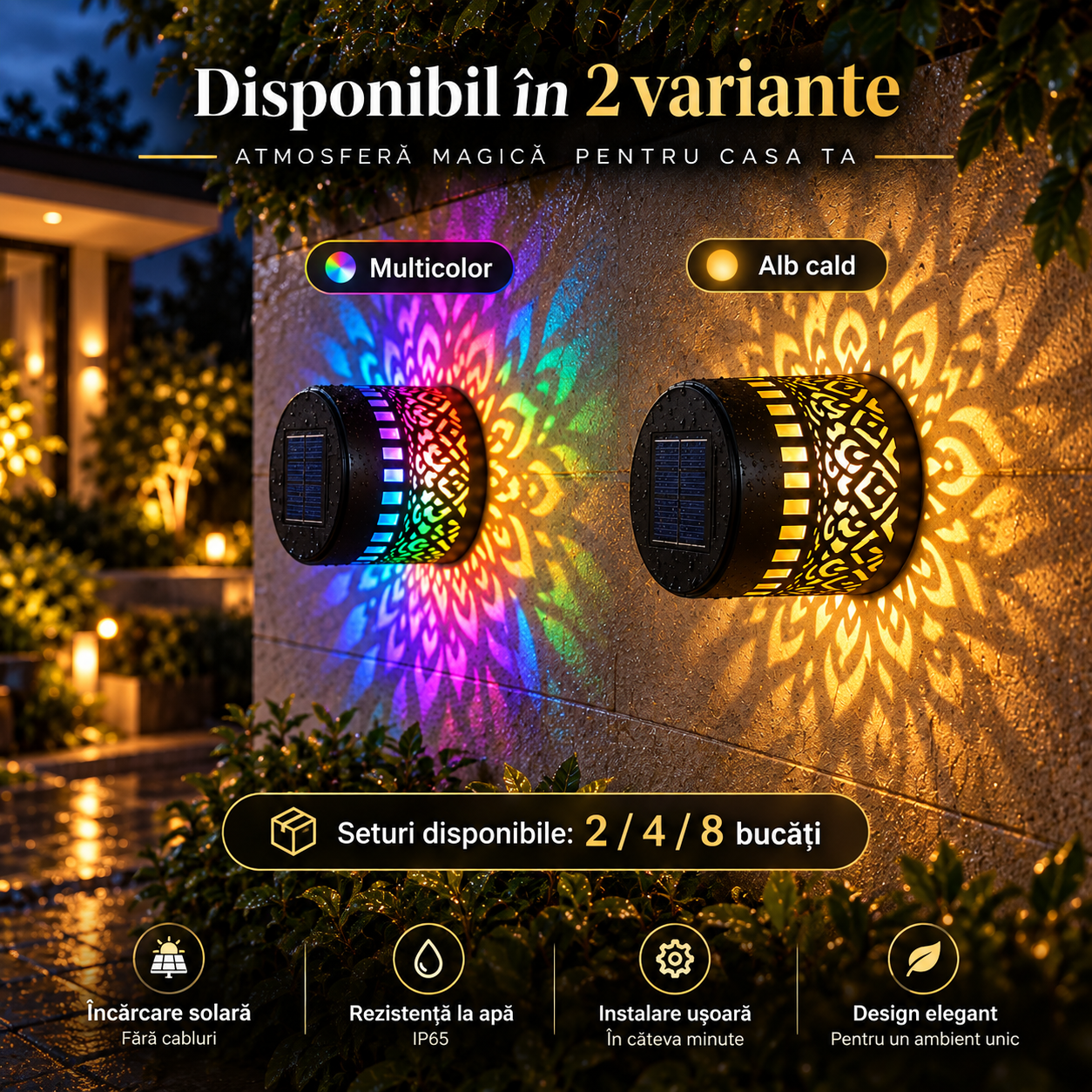 Lămpi solare decorative de perete cu proiecție Mandala, alb cald sau multicolor, IP65 - Set 2, 4 sau 8 bucăți [1]