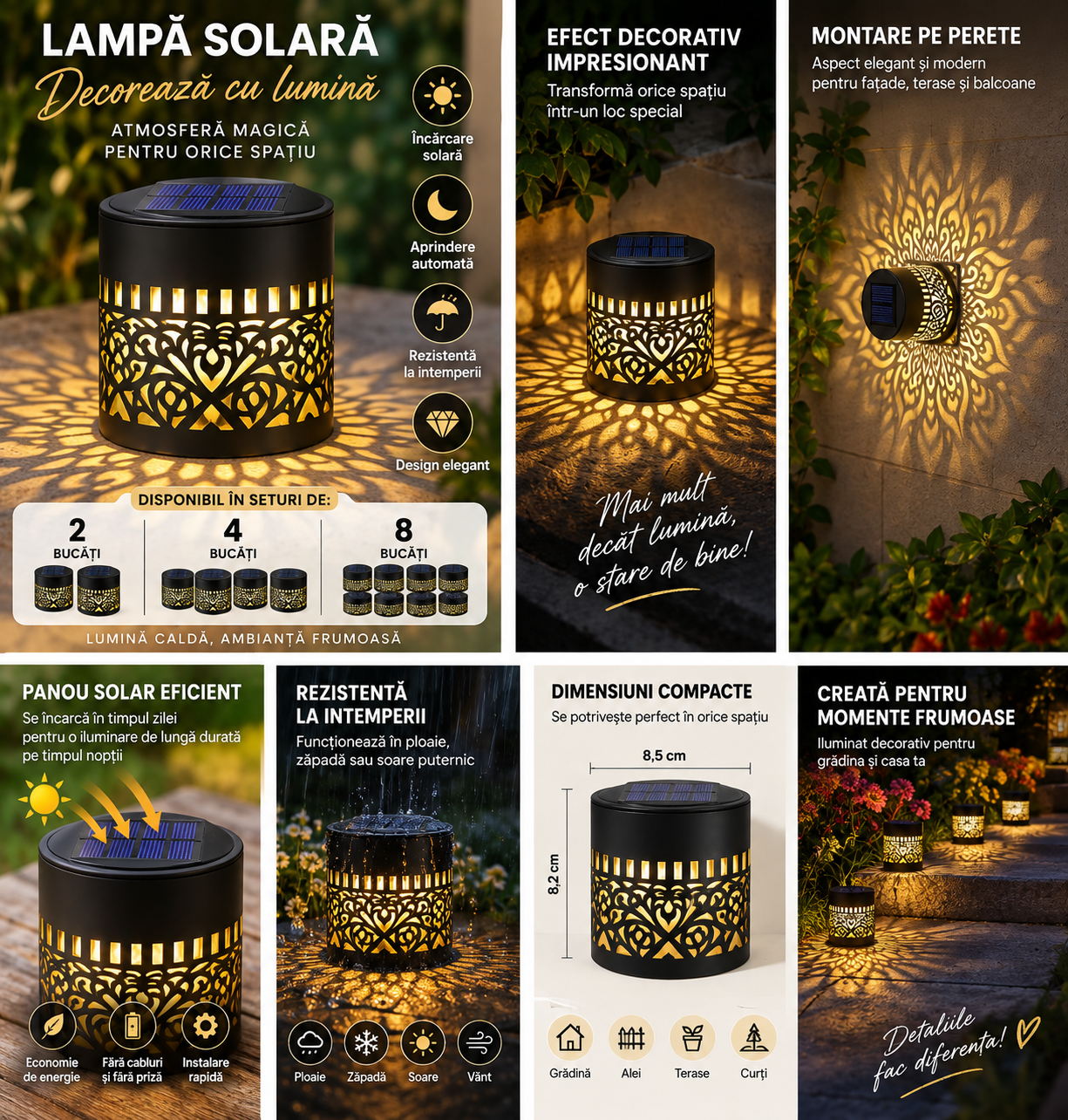 Lămpi solare decorative de perete cu proiecție Mandala, alb cald sau multicolor, IP65 - Set 2, 4 sau 8 bucăți [2]