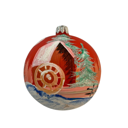 Ø80 - glob-din-sticla-suflata-si-pictata-manual-argcoms-fabrica-lui-mos-craciun-moara-pe-apa-multicolor-fond-rosu-albastru-80-mm-sferic-6678-6681