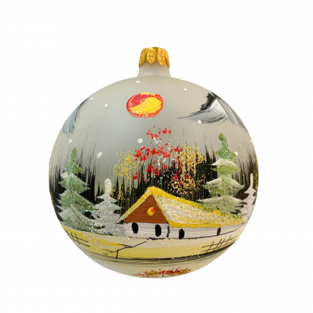 Ø100 - glob-din-sticla-suflata-si-pictata-manual-argcoms-fabrica-lui-mos-craciun-peisaj-de-iarna-multicolor-fond-gri-100-mm-sferic-6618-6619