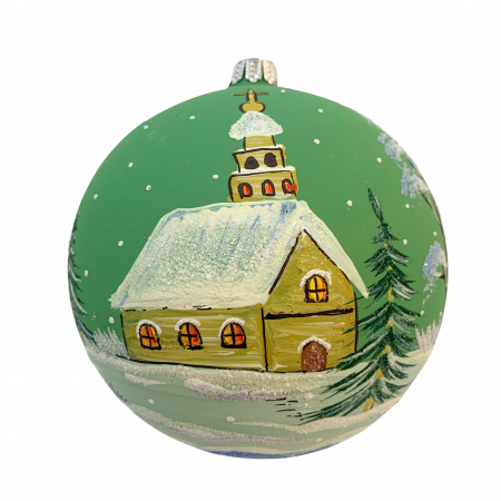 Ø120 - glob-din-sticla-suflata-si-pictata-manual-argcoms-fabrica-lui-mos-craciun-peisaj-de-iarna-multicolor-fond-verde-120-mm-sferic-6595-6597