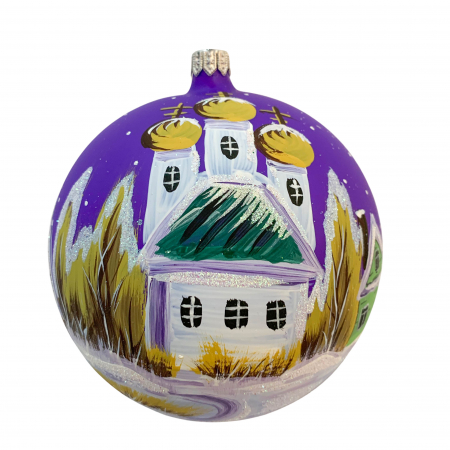 Ø120 - glob-din-sticla-suflata-si-pictata-manual-argcoms-fabrica-lui-mos-craciun-peisaj-rustic-multicolor-fond-mov-120-mm-sferic-6584-6587