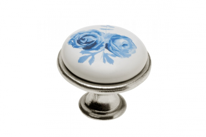 Buton D28mm, finisaj Argint antichizat + portelan Trandafir albastru. [1]