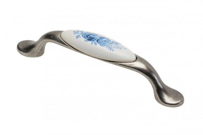 Maner 728P, 96mm, finisaj Argint Antichizat + Portelan Trandafir Albastru. [1]