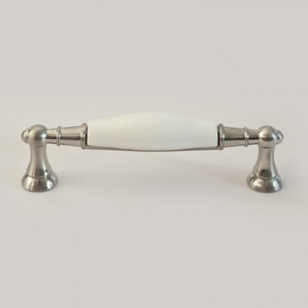 Manere Crom, Satinate si Inox - Maner 8939, finisaj Inox + portelan alb, 96mm.