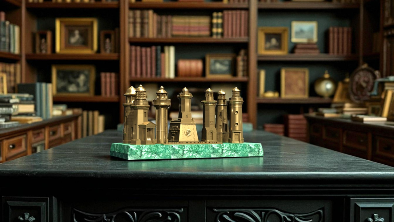 Set complet ''Colecția FARURI DOBROGENE'' pe plachetă din marmură Verde Guatemala. Culoare Bronz auriu, Înălțime 90mm [2]