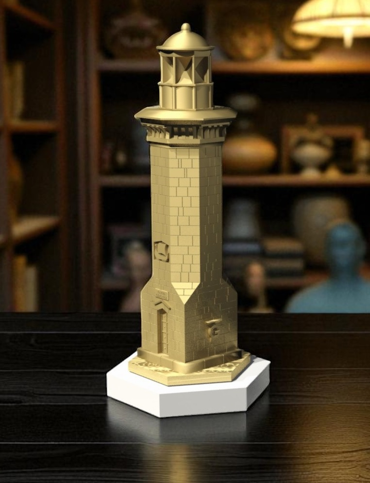 Statuetă Farul Genovez, culoare bronz auriu, pe suport din marmură albă de Carrara.  [1]