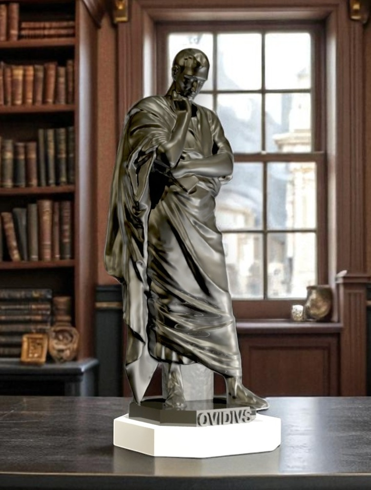 Statuetă Ovidius, culoare silver, amplasată pe suport din marmură [2]