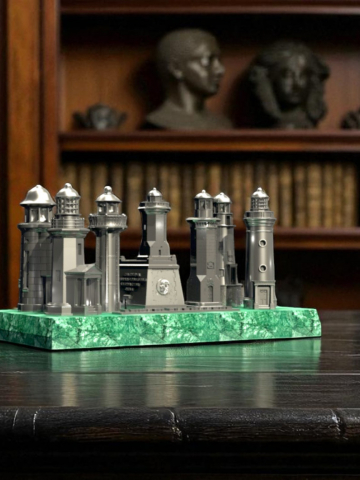 Set complet ''Colecția FARURI DOBROGENE'' pe plachetă din marmură Verde Guatemala. Culoare Silver, Înălțime 90mm