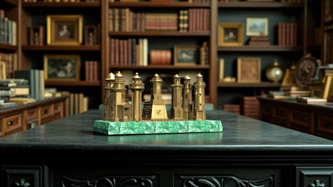 Set complet ''Colecția FARURI DOBROGENE'' pe plachetă din marmură Verde Guatemala. Culoare Bronz auriu, Înălțime 90mm [1]