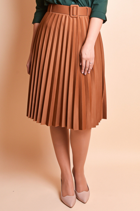 Fusta office plisata coniac cu centura in talie [2]