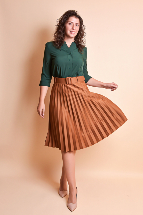 Fusta office plisata coniac cu centura in talie [3]