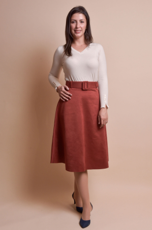 Fuste - Fusta clos caramizie cu centura in talie
