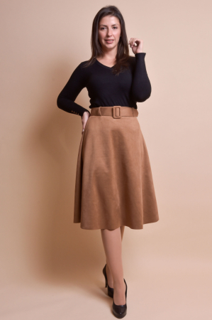 Fuste - Fusta clos coniac cu centura in talie