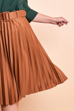 Fusta office plisata coniac cu centura in talie [5]