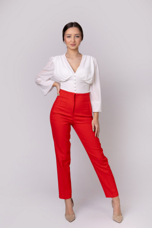 Pantaloni - Pantaloni rosii cu talie inalta si cusaturi decorative