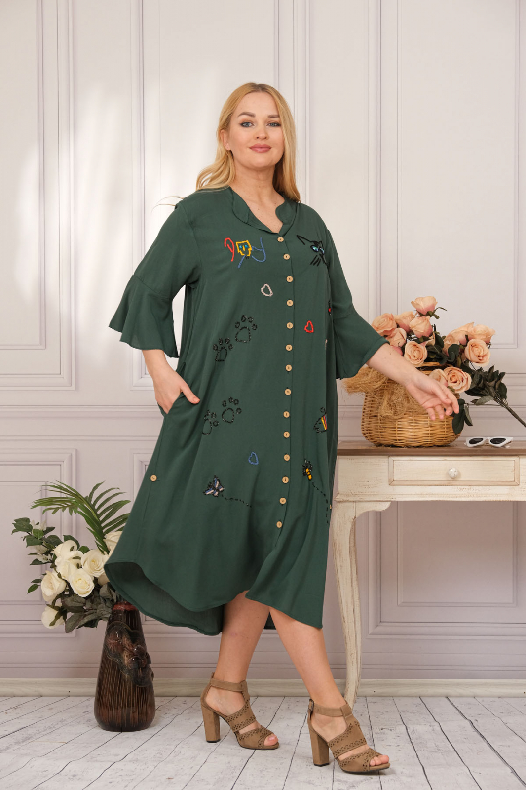 Rochie Tip Camasa Verde Boho Chic Cu Aplicatie Pisica