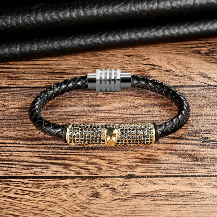 Bratara Brooks Leather Gold Skull [2]